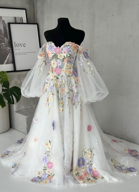 Colorful Floral Wedding Dress | Off Shoulder Fairy Bridal Ball Gown | Custom Size