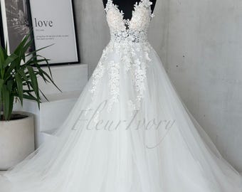 READY ship Tulle Wedding Dress: Whimsical Deep V-neck A-line Gown