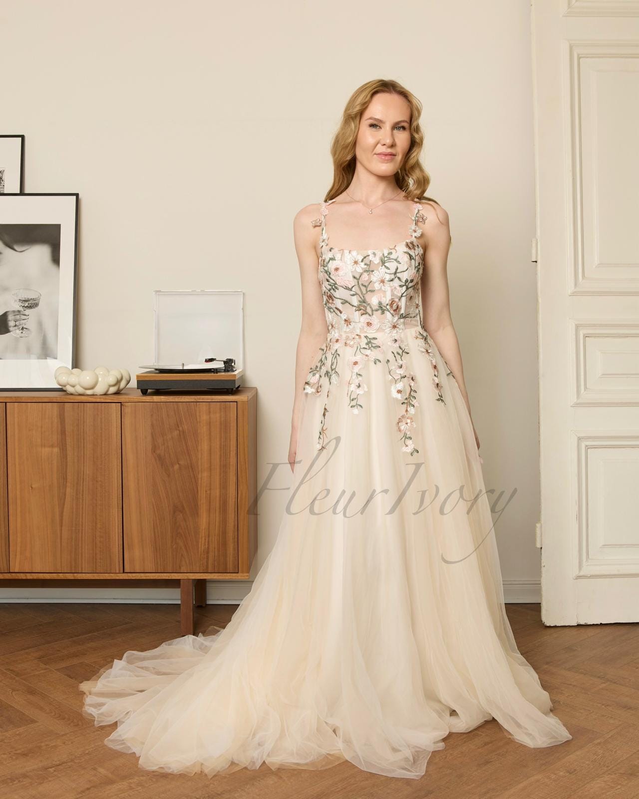 fleur ivory wedding dress Fleur: Floral A-Line Wedding Dress with Semi-Sheer Bishop Sleeves
