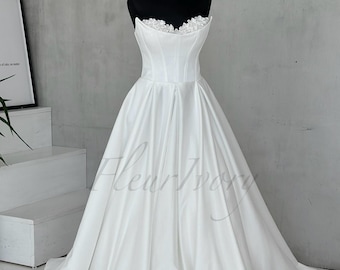 Floral Applique Strapless Satin Wedding Dress with Corset Back and A-Line Skirt