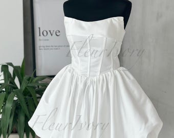 Mini Satin Wedding Dress: Strapless Corset Bodice, Balloon Skirt