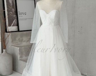 Pearl Wedding Dress Tulle Bridal Gown Long Sleeve Midi Short Wedding Dress Civil Wedding Dress Minimalist Elopement Dress Reception Dress