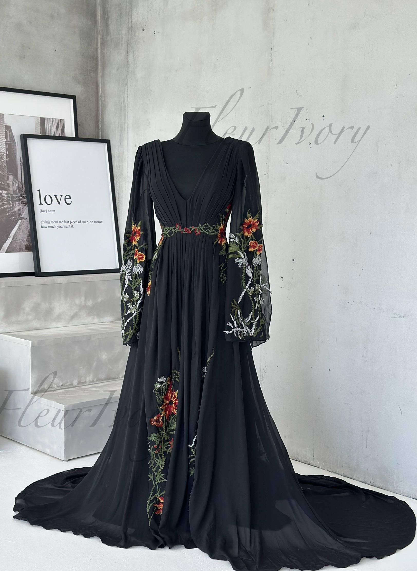 Black Gothic Wedding Dress V Neckline Colorful Wildflower Embroidery  Alternative Bridal Gown Boho Fleurivory - Etsy