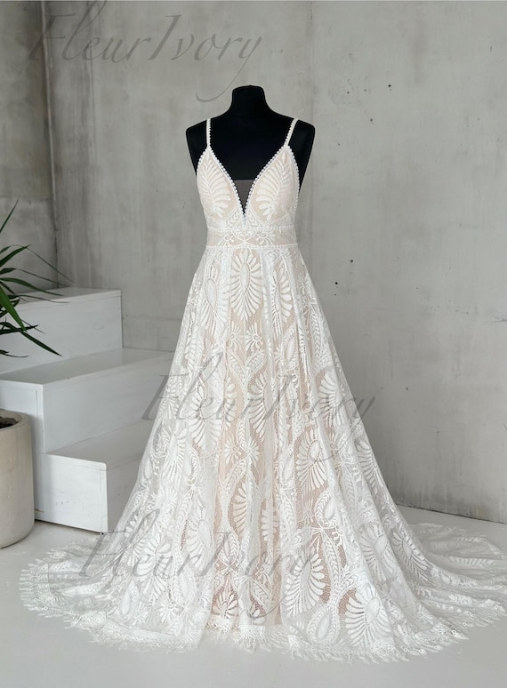 wedding dress geometric lace Geometric Lace Wedding Dress Spaghetti Straps | Open Back Deep V Neck Boho  Bridal