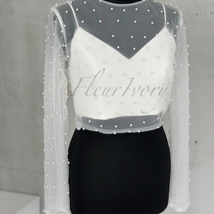 Pearl Top Pearl Bolero Tulle Crop Top Long Sleeve Bolero Beaded Tulle Top Bridal Cover Up Bridal Blouse Dress Topper Bridal Overlay Top