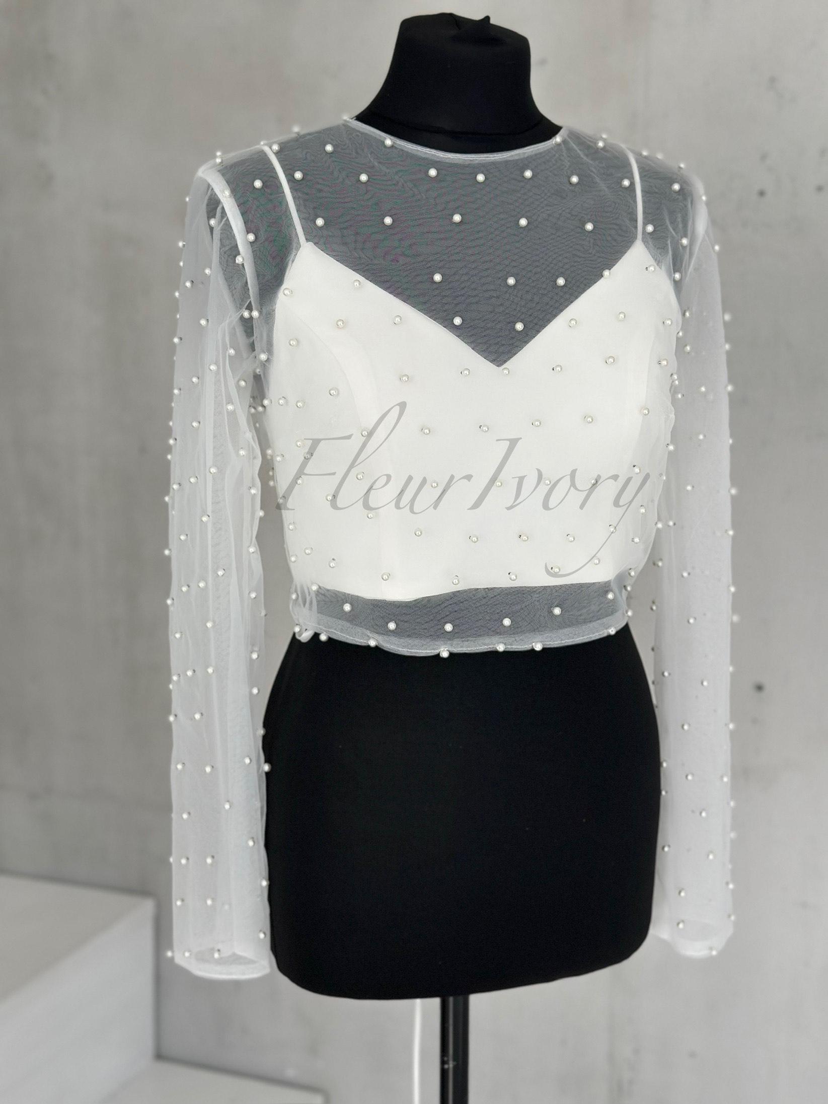 Pearl Top Pearl Bolero Tulle Crop Top Long Sleeve Bolero Beaded Tulle Top Bridal Cover Up Bridal Blouse Dress Topper Bridal Overlay Top