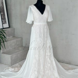 READY ship Romantic Boho Wedding Dress, Short Sleeve Wedding Dress, V-Neck Backless Wedding Dress, Chiffon And Lace Wedding Dress