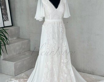 READY ship Romantic Boho Wedding Dress, Short Sleeve Wedding Dress, V-Neck Backless Wedding Dress, Chiffon And Lace Wedding Dress