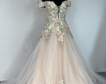 READY ship colorful Wedding Dress Embroidered Wedding Dress Fairy Wedding Dress Botanical Dress Colored Wedding Dress Forest Wedding Dress