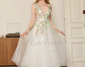 Elopement Tea Length Prom Dress with V Neckline, Embroidered Tulle Wedding Gown