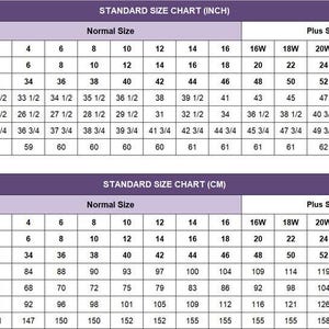 May include: A size chart for clothing, displaying measurements in inches and centimeters. The chart includes US, UK, and European sizes, along with bust, waist, hips, and hollow to floor measurements. It also includes plus sizes.
