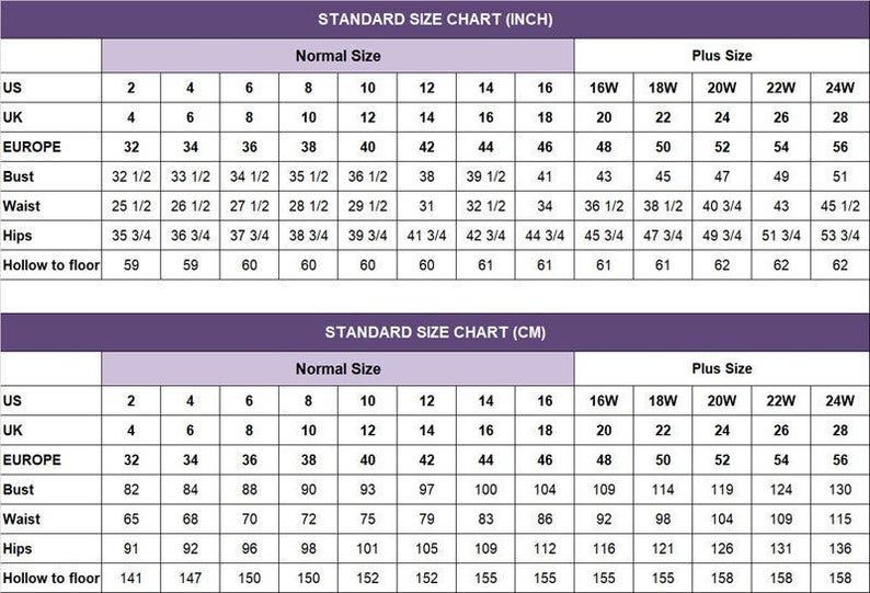 May include: A size chart for clothing, displaying measurements in inches and centimeters. The chart includes US, UK, and European sizes, along with bust, waist, hips, and hollow to floor measurements. It also includes plus sizes.