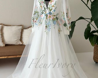 Long Sleeve Tulle Wedding Dress, Multicolor Floral Embroidery Wedding Dress Colorful Botanical Wedding Dress