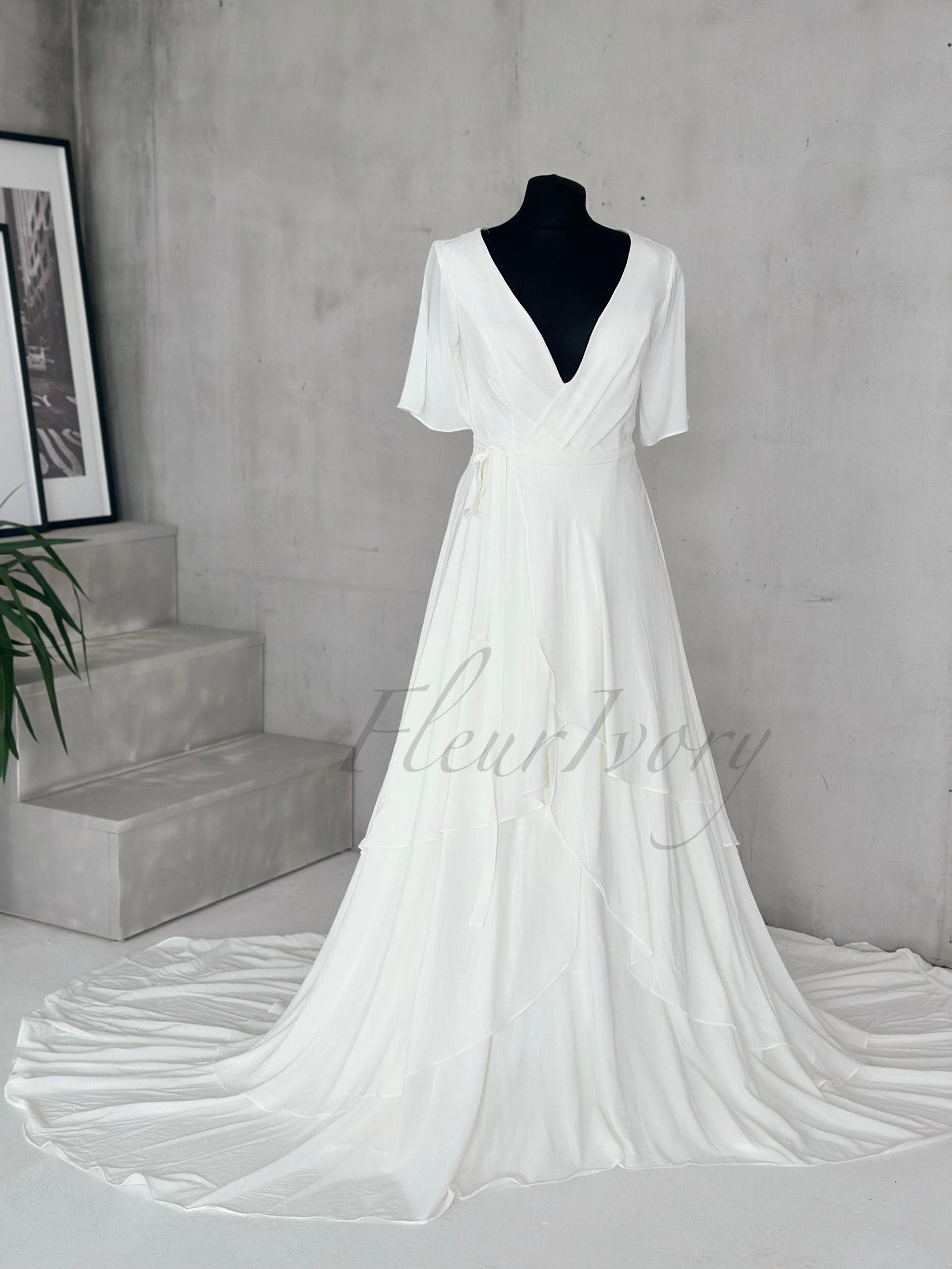 Boho Flutter Sleeve Wedding Dress Chiffon Wedding Dress Deep V Neckline Wedding Dress Classic Wedding Dress Irregular Wrap Wedding Dress