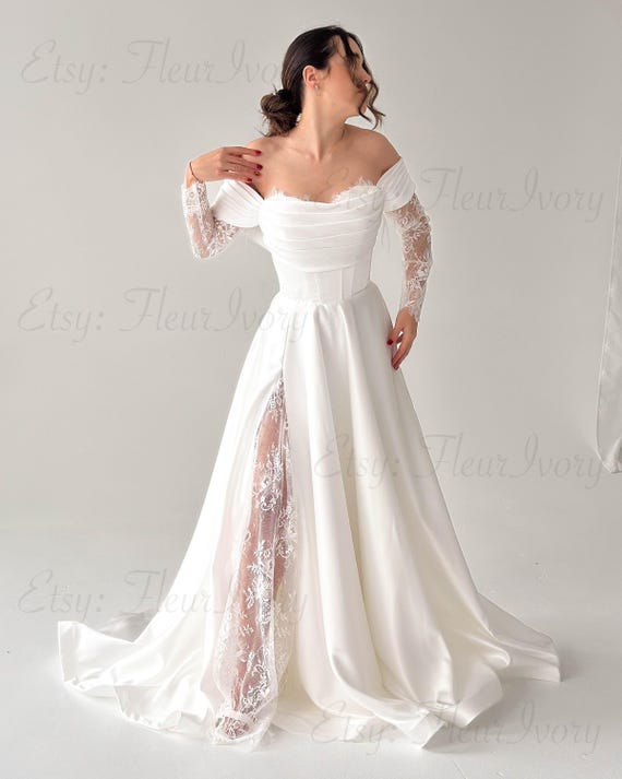 fleur ivory wedding dress Satin off Shoulder Lace Sleeve Bridal Gown Ruched Bodice Side Slit A Line Train Milla nova