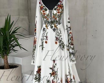 Long Cape Sleeve Wedding Dress Embroidered Colorful Bridal Gown Rustic Floral Dress Wedding Fantasy Fairy Bridal Dress with Flowers