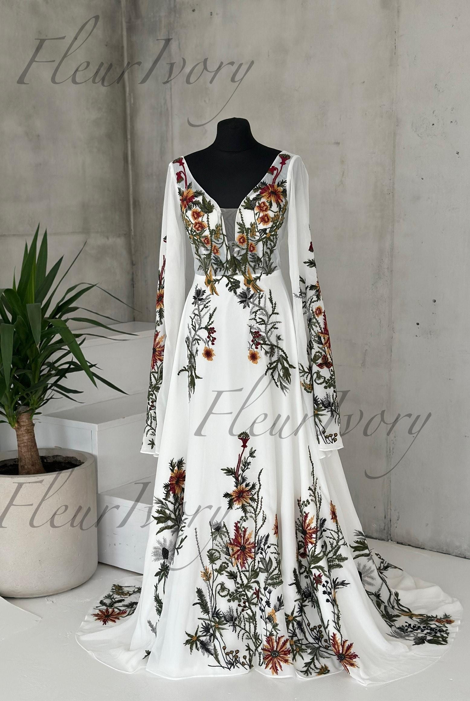 READY ship Long Cape Sleeve Wedding Dress Embroidered Colorful Bridal Gown Rustic Floral Dress Wedding Fantasy Fairy Bridal Dress