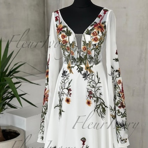 Embroidered Floral Wedding Dress: Colorful Pagan Gown with Long Cape Sleeves