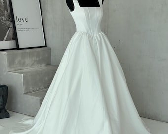 Square Neck Wedding Dress Corset Back, Minimalist Bridal Gown, Simple A-Line Train