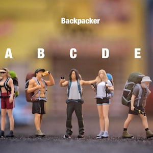 Può includere: Figure in miniatura di backpacker, ognuno con uno zaino, sono mostrate in fila. La parola "Backpacker" è sopra le figure. Le figure indossano abiti casual. Lo sfondo è sfocato, suggerendo un ambiente esterno.