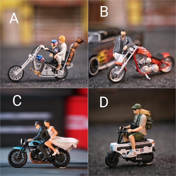 Miniature Figure Easy Rider, motorcycle Scale 1/64 or 1/87 for Diecast and Diorama