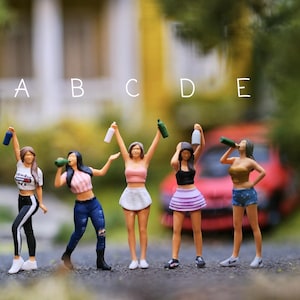 May include: A group of five miniature figures, each with a bottle. They are dressed in casual clothes, such as shorts, skirts, and sportswear. The background features a red car and green foliage, with the letters A, B, C, D, and E above the figures.