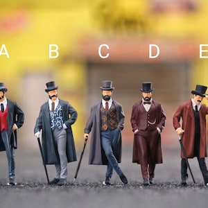 May include: Five miniature figures of men in Victorian-era clothing, including top hats and canes. The figures are dressed in coats, waistcoats, and suits in various colours, such as black, red, and brown. The figures are standing on a grey surface.