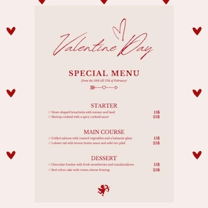 Romantyczne cyfrowe menu walentynkowe | Personalizowane menu potraw i napojów na specjalne kolacje | pobieranie cyfrowe | do druku | cyfrowe | canva.