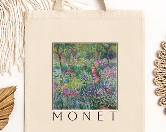 May include: A white canvas tote bag featuring a printed image of a painting by Claude Monet. The painting shows a garden with a path leading through it. The text "MONET" is printed below the image.