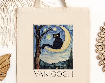 Van Gogh Cat Tote Bag: Starry Night Cotton Canvas Carryall