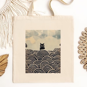 Kawaii Cat Japanese Tote Bag, Cute Kitty Carryall Purse, Canvas Shoulder Handbag, Black Cat Lover Gift, Reusable Shopping Bag