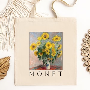 Elegant Flower Art Tote Bag, Claude Monet Sunflowers Painting, Canvas Carryall, Floral Eco-Friendly Handbag, Reusable Shopping Sack, Artist