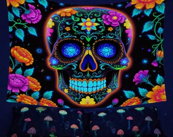 Sugar Skull Day of the Dead Tapestry, Halloween Home Decor, Gothic Wall Hanging, Colorful Fabric Art, Mexican Art Tapestry