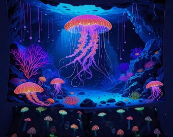 Oceanic Glow Innenwandteppiche, Quallen-Korallenriff-Kunstwerk, Wohnkultur-Tapisserie, Ozean-Thema, Raumdekoration, Unterwasserwand