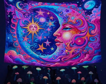 May include: A psychedelic tapestry featuring a crescent moon with a female face and a sun with a face. The moon and sun are surrounded by stars and clouds in a vibrant blue, pink, and purple color scheme.