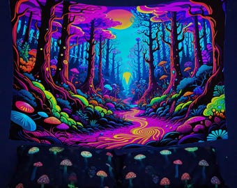 May include: A psychedelic tapestry featuring a glowing forest scene with a winding path, mushrooms, and a bright sun. The tapestry is blacklight reactive and glows in the dark.