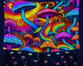 May include: A psychedelic tapestry featuring a rainbow and a field of colorful mushrooms. The tapestry is made of a soft, plush fabric and is perfect for adding a touch of whimsy to any room.