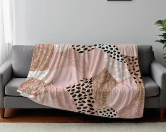 Powder Pink Leopard Print and Gold Glitter Throw, Cozy Home Decor, Bedroom Accent, Housewarming Gift, Winter, Velveteen Sherpa Plush Blanket