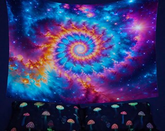 May include: A psychedelic tapestry featuring a swirling galaxy with shades of blue, purple, orange, and yellow. The tapestry is hanging on a wall above a bed with a mushroom print.