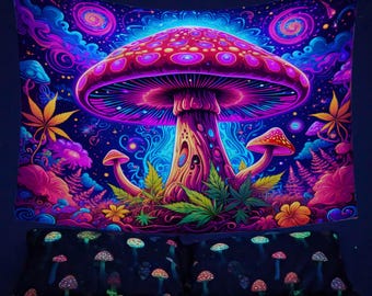 May include: A psychedelic tapestry featuring a large, glowing mushroom with a red cap and white spots. The mushroom is surrounded by smaller mushrooms, green leaves, and swirling patterns in shades of blue, purple, and pink.