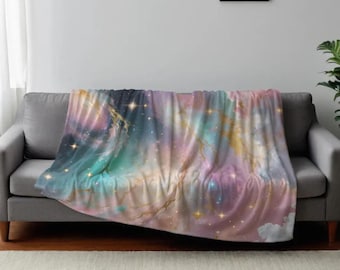 Velveteen/Sherpa Plush Blanket - Pastel Galaxies Swirl, Soft Throw Bedding, Cosmic Cozy Gift, Starry Night Bedspread, Universe Coverlet
