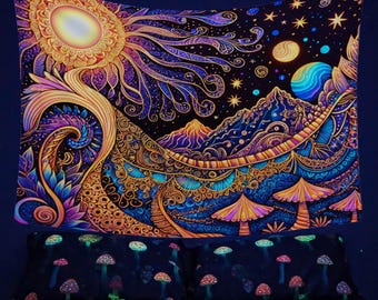 May include: A psychedelic tapestry featuring a sun, mountains, planets, and mushrooms in a vibrant color scheme of purple, gold, and blue. The tapestry is hanging on a wall above a bed with matching mushroom-patterned bedding.