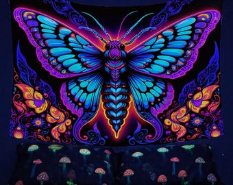 Glowing Death Moth Wall Tapestry,  Reactive Hanging, Gothic Room Decor, Psychedelic Hippie Dorm Decoration