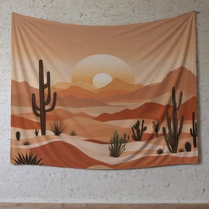 Desert Sunset Tapestry: Terracotta Mountains, Boho Southwest Wall Art