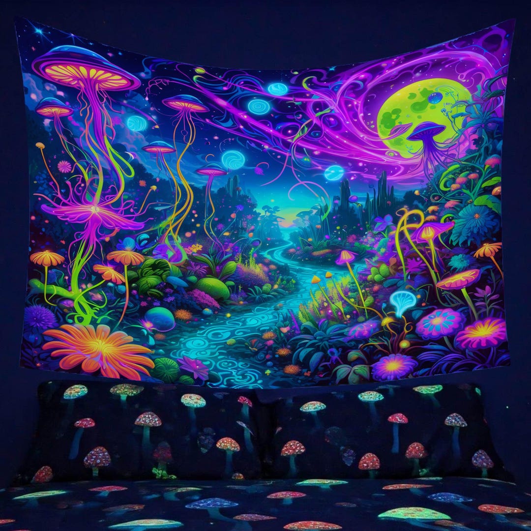 Psychedelic Wall Hanging, Trippy Forest Decor, Vibrant Indoor Art, Glow ...