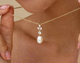 Diamond Leaf Pearl Necklace,Freshwater Pearl Necklace,Wedding Pearl Necklace,Crystal Bridal Jewelry Set,Mother&#39;s Day Gift,Bridesmaid Gift