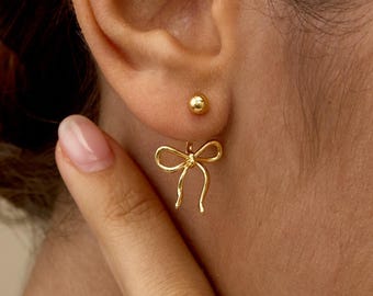 Pendientes de chaqueta con lazo, pendientes colgantes con lazo, pendientes de chaqueta con perla y cinta, joyas elegantes, regalo para tu mejor amiga.