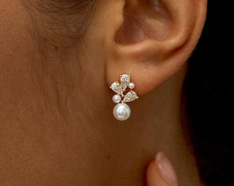 Diamanten pareloorbellen, sterlingzilveren pareloorbellen, diamanten oorknopjes, bruidsoorbellen, bruiloftpareloorbellen, verlovingsoorbellen