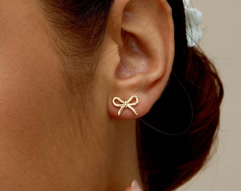 Gouden strikoorknopjes, zilveren strikoorbellen, trendy strikoorbellen, lintoorbellen, coquette-oorbellen