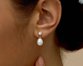 Zoetwaterparel oorbellen met diamant, sterlingzilveren pareloorbellen, trouwoorbellen, bruidsmeisje cadeau voor haar, Moederdagcadeau